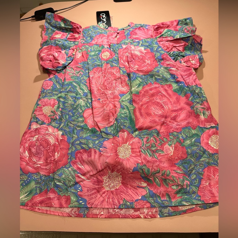Gigio NWT Bright Pink Floral Blouse with Green Blue Background